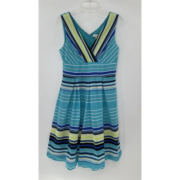 Dressbarn Tank Dress Womens Blue Green Lined Striped V Neck Dress Size 10 - Picture 1 of 10